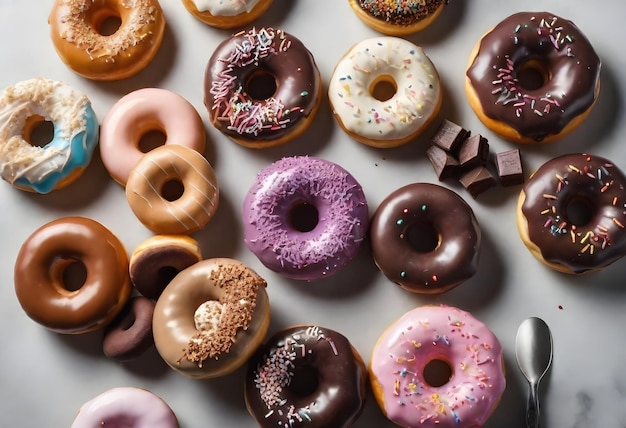 Eine Vielzahl von Donuts mit verschiedenen Toppings und Glasuren, einschließlich Sprinkles eng