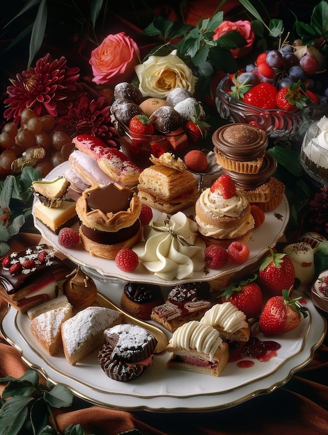 Eine Vielzahl von farbenfrohen Desserts und Früchten sind auf einem Tisch ausgestellt. Es gibt Cupcakes, Kekse, Kuchenstücke und eine Schüssel mit Früchten.