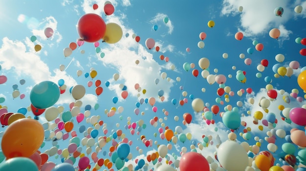 Eine Vielzahl von festlichen mehrfarbigen Ballons am Himmel KI-Generativ