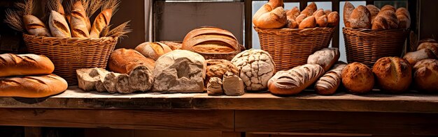 Eine Vielzahl von frisch gebackenem Brot auf einem Holzbäckertisch