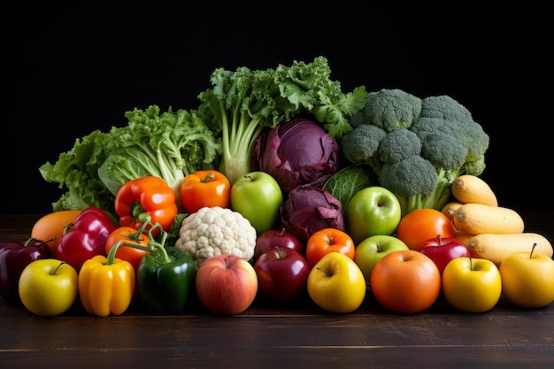 Eine Vielzahl von frischem Obst und Gemüse ist auf einem Holztisch zusammengestellt