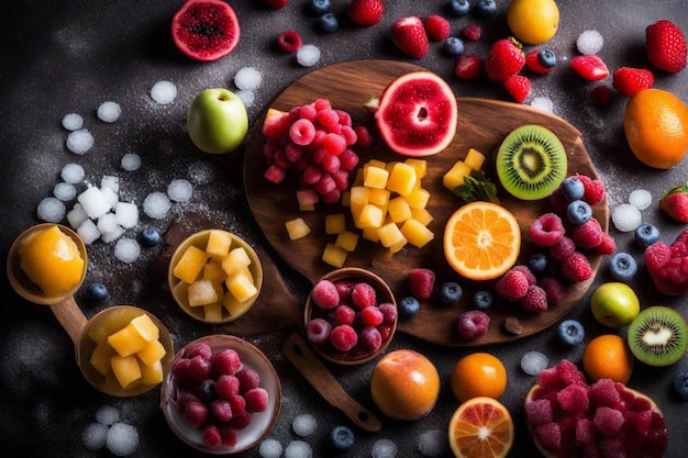 Foto eine vielzahl von früchten, darunter eine, auf der das wort kiwi steht