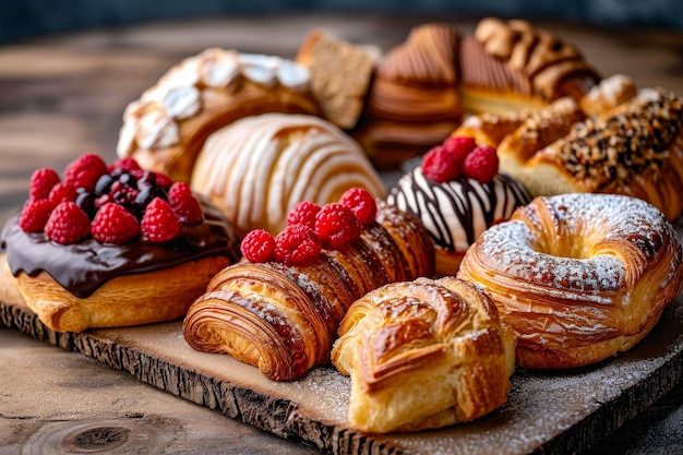 Foto eine vielzahl von gebäckstücken mit himbeeren oben sind auf einer holztafel ausgestellt