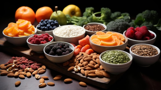 Eine Vielzahl von gesunden Lebensmitteln, einschließlich Obst, Gemüse und Getreide