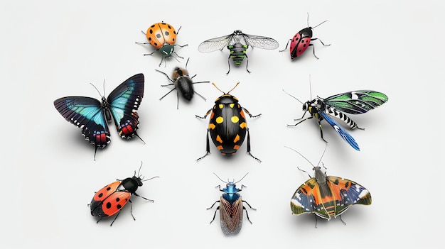 Foto eine vielzahl von insekten sind in realistischen details dargestellt. die insekten sind alle unterschiedlicher farbe und form und umfassen schmetterlinge, käfer und käfer.
