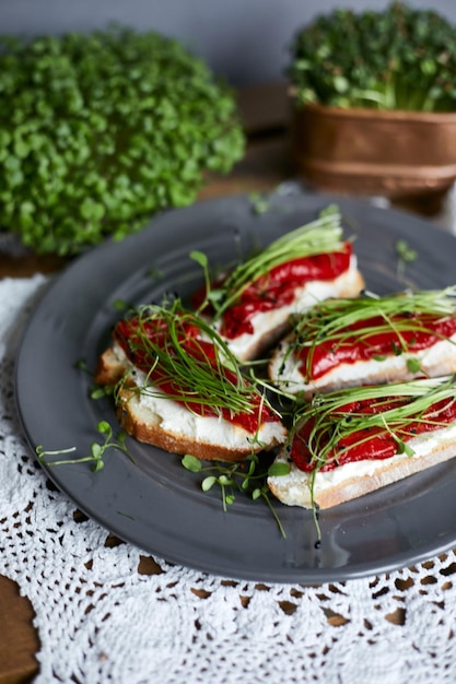 Eine Vielzahl von Käsecreme-Sandwiches, sortiert mit Mikrogemüse und gegrillten Paprikaschoten auf einem Teller Super-Food-Konzept