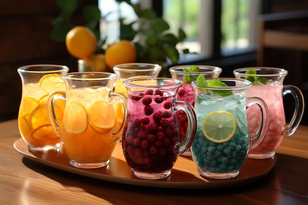 Foto eine vielzahl von kalten getränken in glaskrügen mit beeren- und zitrusfrüchten