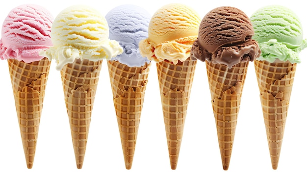 Eine Vielzahl von köstlichen Eiscreme-Geschmacksrichtungen in Kegeln Die Geschmacksrichtungen umfassen Erdbeeren, Vanille, Blaubeerenbutter, Pekannuss, Schokolade und Pistazien.