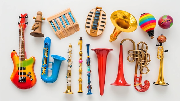 Eine Vielzahl von Musikinstrumenten sind auf einem weißen Hintergrund angeordnet. Zu den Instrumenten gehören eine Gitarre, ein Saxophon, eine Trompete, eine Posaune und eine Klarinette.