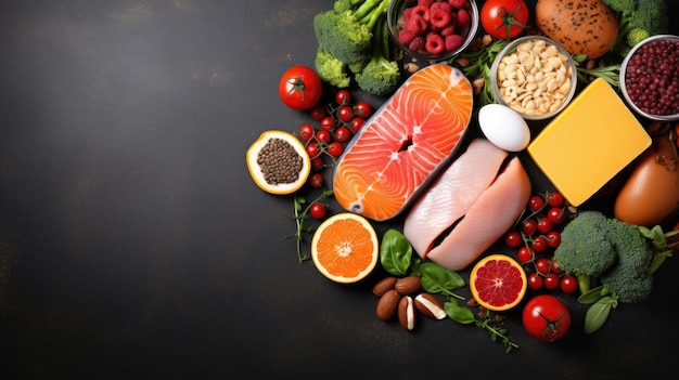 eine Vielzahl von proteinreichen Lebensmitteln für eine ausgewogene Ernährung wie Eier, Huhn, Tofu, Bohnen und Fisch