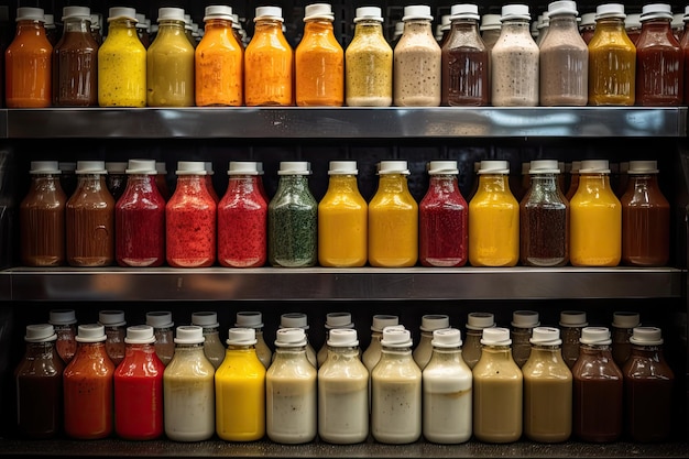 Eine Vielzahl von Saucen und Gewürzen in einer Restaurantvitrine in allen unterschiedlichen Farben und Texturen