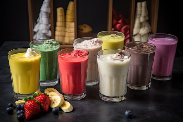 Eine Vielzahl von Smoothies und Shakes, jeder in seinem eigenen, einzigartigen Geschmack, kreiert mit generativer KI