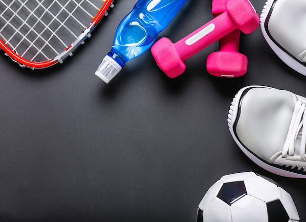 Foto eine vielzahl von sportgeräten, darunter eine rosa-blaue hantel, ein rosa sportball, ein rosa-weißer tennisball, ein rosa sportball und ein rosa tennisball.