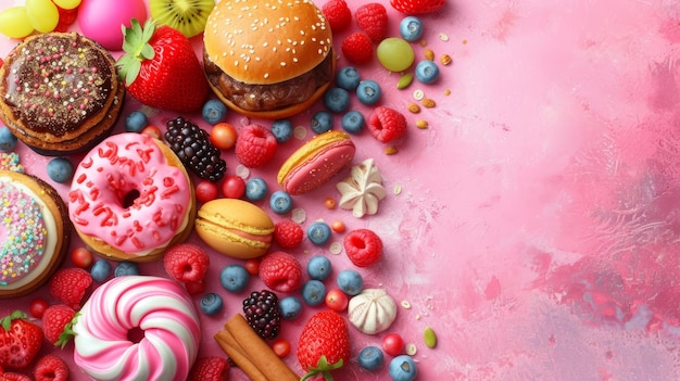 Foto eine vielzahl von süßen und salzigen speisen sind auf einem rosa hintergrund angeordnet