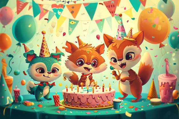 Eine Vielzahl von Tieren, die zusammen vor einer Torte stehen und einen einzigartigen Bindungsmoment zeigen, liebenswerte Cartoons, die sich an einer extravaganten Geburtstagsbonanza erfreuen.