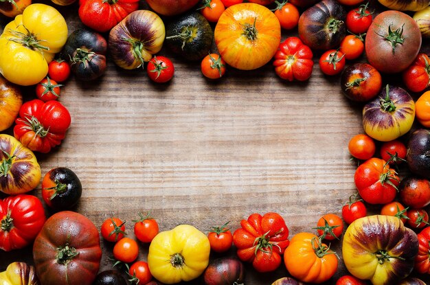 Eine Vielzahl von Tomaten auf einem Brett mit Kopierbereich