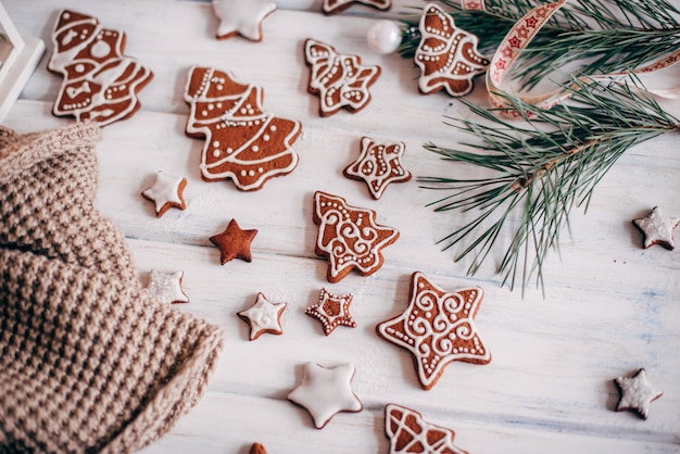 Eine Vielzahl von weihnachtlichen Lebkuchenplätzchen wird auf einem weißen Hintergrund ausgelegt