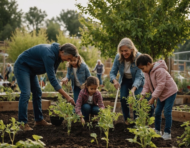 eine vierköpfige Familie arbeitet in einem Garten