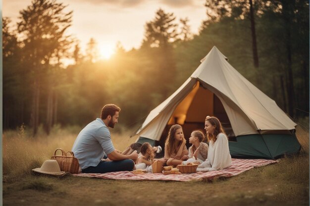 eine vierköpfige Familie macht ein Picknick vor einem Zelt mit einem Sonnenuntergang hinter sich.