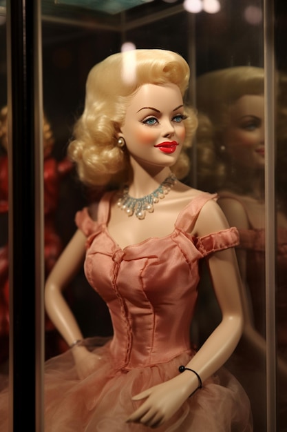 Eine Vintage-Barbie-Puppe, deren Seidenkleid in einer Glasvitrine aufbewahrt wird und deren Gesicht in einem perfekten Lächeln erstarrt ist