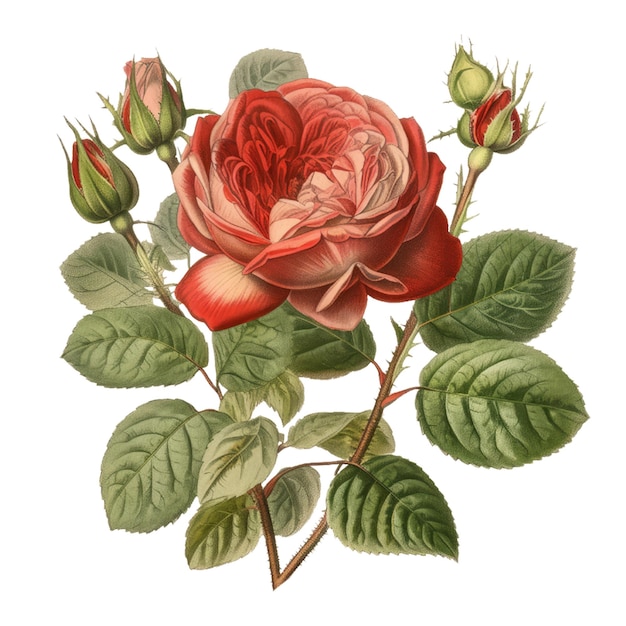 Eine Vintage-Illustration einer Rose mit grünen Blättern und einer rosa Rose