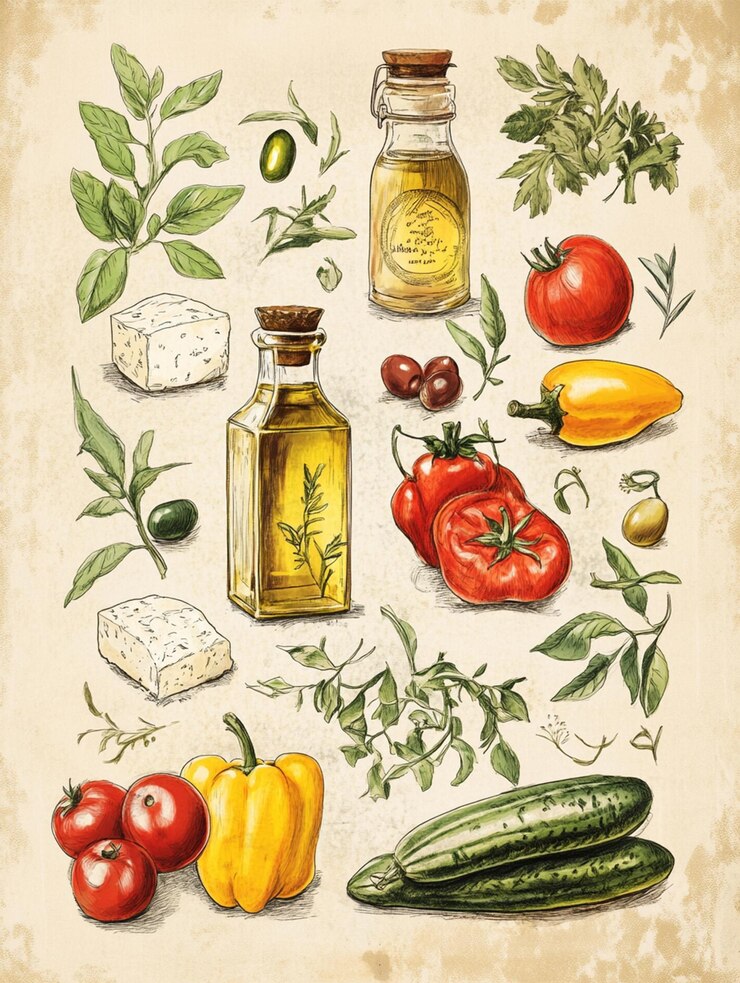 Eine Vintagestile-Zeichnung von griechischem Gemüse und Olivenöl