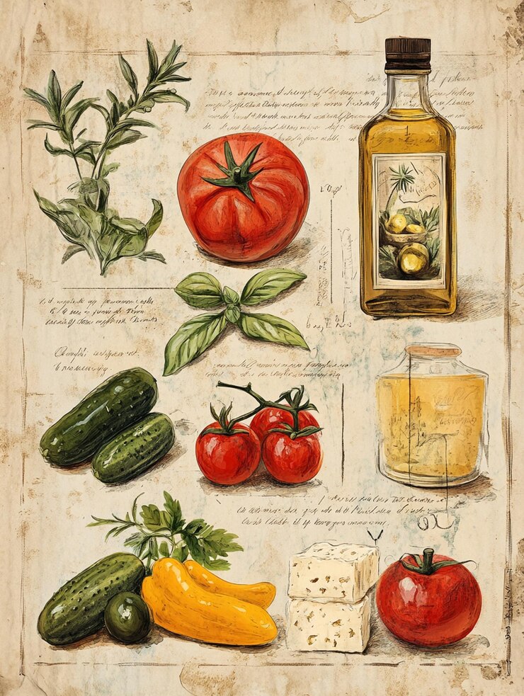 Eine Vintagestile-Zeichnung von griechischem Gemüse und Olivenöl