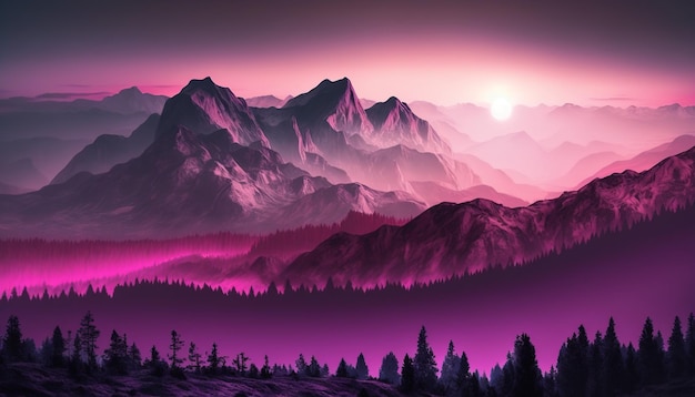 Eine violette Berglandschaft mit einem violetten Himmel und der darauf scheinenden Sonne.