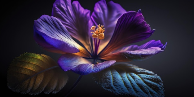 Eine violette Blume mit grünen Blättern auf schwarzem Hintergrund generative KI