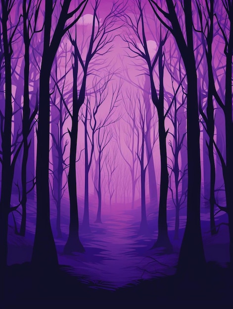 Eine violette Landschaft mit violettem Hintergrund und Bäumen im Vordergrund.