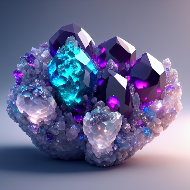 Eine violette und blaue Edelsteinskulptur mit einem generativen Diamanten aus Kristall und Hintergrund