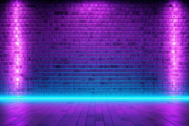 Eine violette Ziegelwand mit schwarzem Boden und violettem Licht darauf