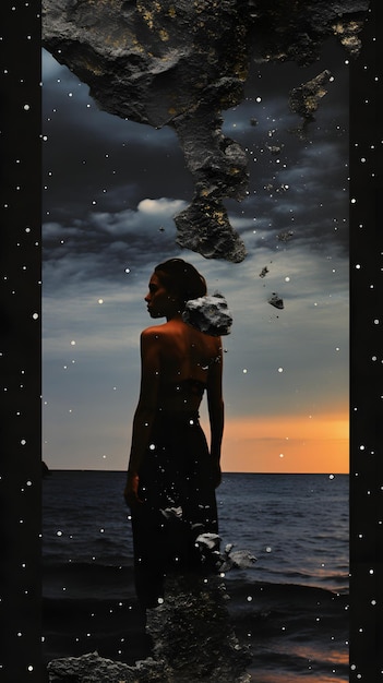 Eine Vision-Board-Collage, inspiriert von Melancholie, Regen, Ozean, Nacht, nasser Erde, schwarzem Pfeffer, kaltem Wasser