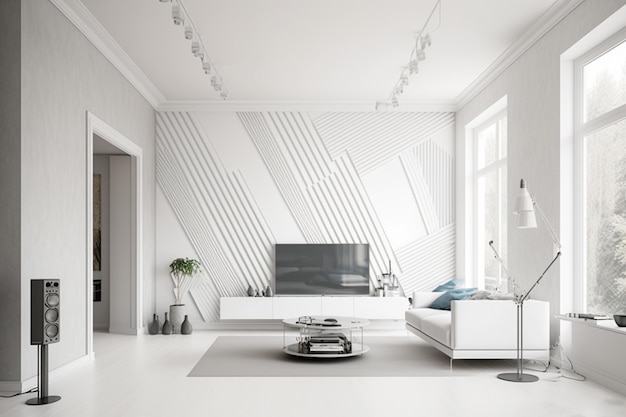Eine visuell beeindruckende Darstellung eines Raums mit Pantone-Weiß-Dekor und kräftigen Möbeln
