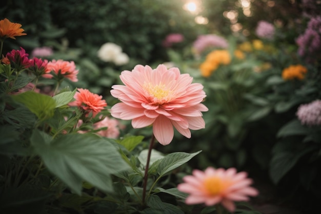 Eine visuell beschreibende Aufforderung mit einer schönen Blume in einem üppigen traumhaften Garten