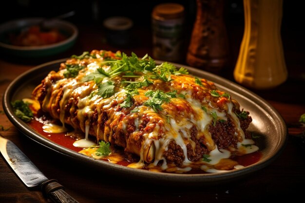 Eine visuell verlockende Anordnung von Rindfleisch-Enchiladas mit Käse-Sauce