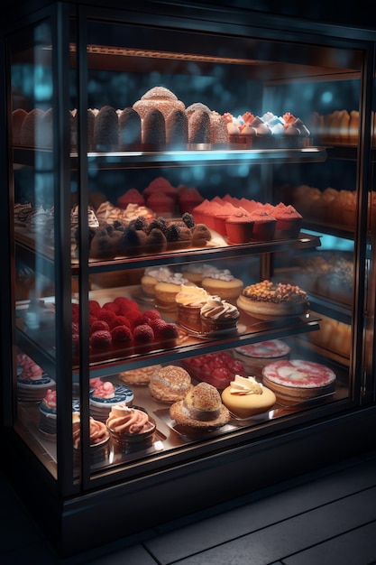 Eine Vitrine mit einer Auswahl an Kuchen und Gebäck.