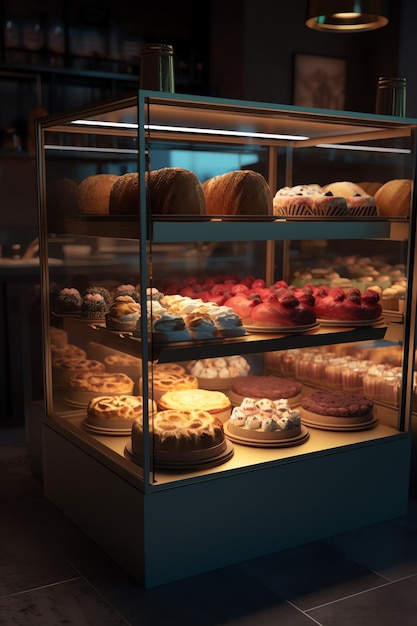 Eine Vitrine mit verschiedenen Kuchen darauf.