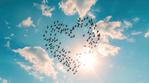 Eine Vogelherde, die am Himmel fliegt, bildet eine Herzform. Schöner Himmel, heller Sommertag.