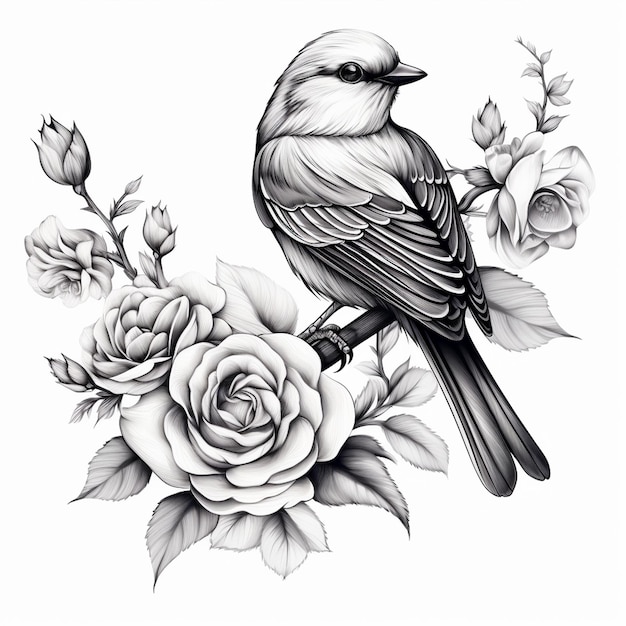 Eine von Hand gezeichnete Vogelillustration mit Rose