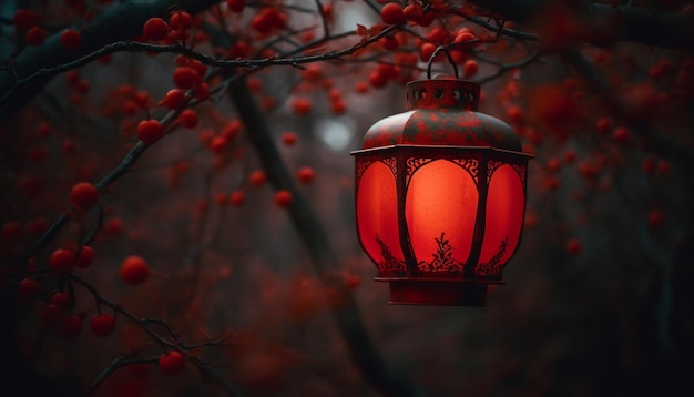 Foto eine von ki erzeugte beleuchtete laterne, die in der nacht an einem baum hängt