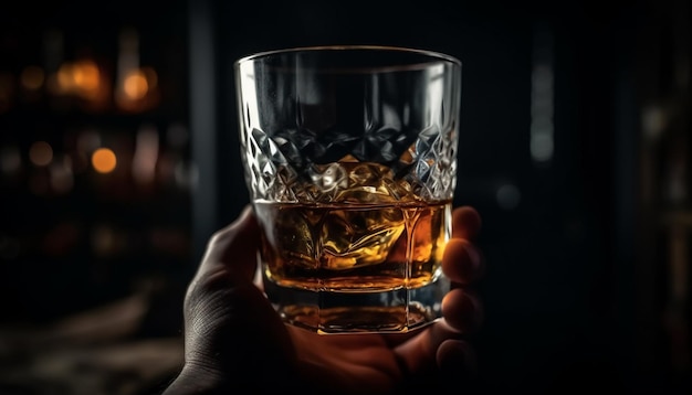 Eine von KI generierte Hand, die ein Whiskyglas in einer luxuriösen Bar hält