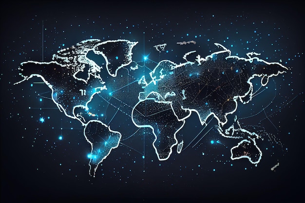 Eine von KI generierte Illustration einer Weltkarte mit miteinander verbundenen Linien und Punkten auf dunklem Hintergrund