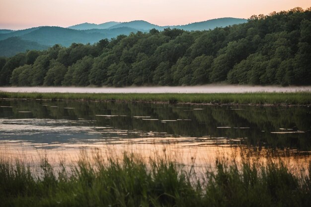 Eine von KI generierte Illustration eines ruhigen Wassers, umgeben von üppiger grüner Vegetation bei Sonnenuntergang