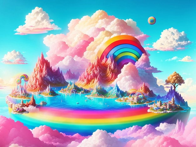 Eine von Süßigkeiten inspirierte Regenbogeninsel mit Bergen aus Schichtkuchen und Zuckerwattewolken