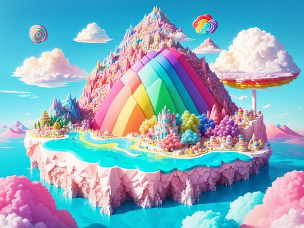 Eine von Süßigkeiten inspirierte Regenbogeninsel mit Bergen aus Schichtkuchen und Zuckerwattewolken