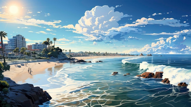 eine von Yoko Honda inspirierte digitale Illustration, die eine lebendige Luftaufnahme einer Küstenstadt zeigt