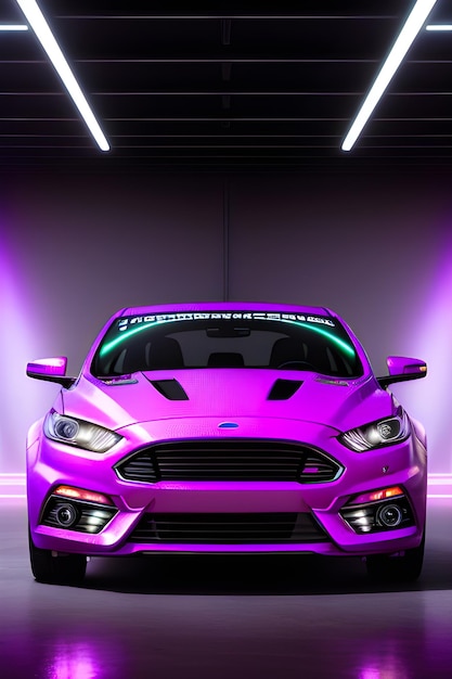 Eine Vorderansicht eines lila Autos in einer Autowerkstatt mit generativer KI