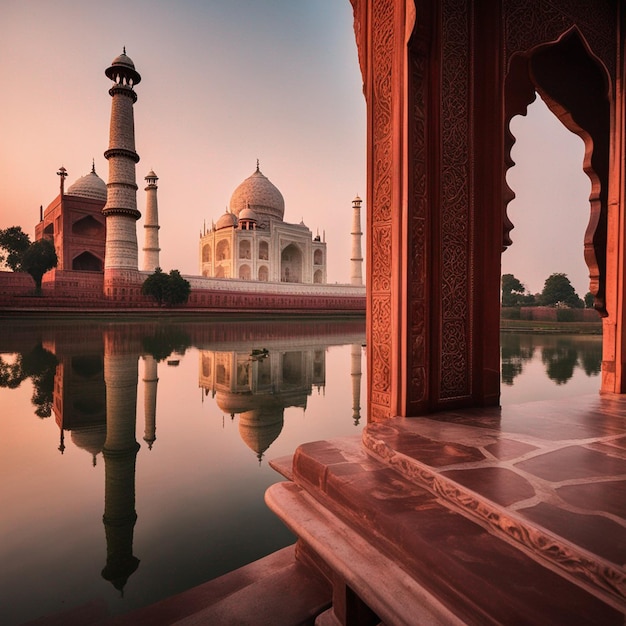 Eine Vorderansicht und eine Seitenansicht des Taj Mahal HD