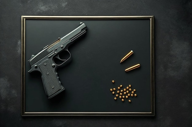 Eine Waffe auf schwarzem Hintergrund mit dem Bild einer Waffe und einigen Pillen.